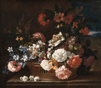 Roses, Narcissi, a Hyacinth, Primulae, Jasmine, Carnations and other Flowers in a wicker Basket on a stone Ledge, a Landscape beyond