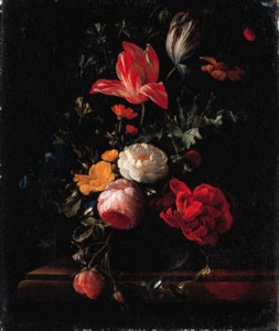 Pink and red Roses, Parrot Tulips, Camellias, Marigolds and other Flowers in a Vase on a Ledge