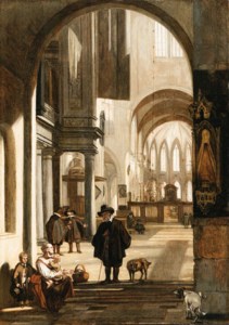 The Interior of a Gothic Church, looking down the Aisle to the Choir, with a Family begging for Alms