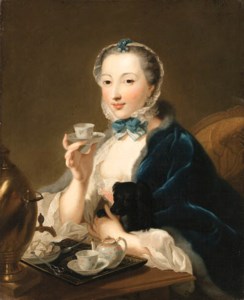 Portrait of the artist's wife, Marie Sophie Robert, half length, with a dog and holding a tea cup