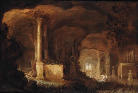 A grotto with bathing women