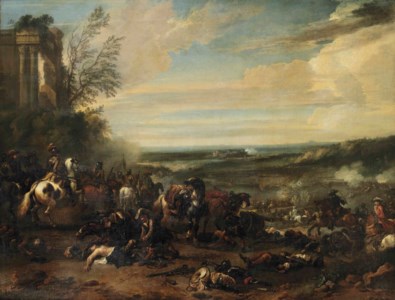 A battle scene with a sieged town beyond