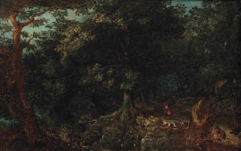 A wooded landscape with hunters on a path
