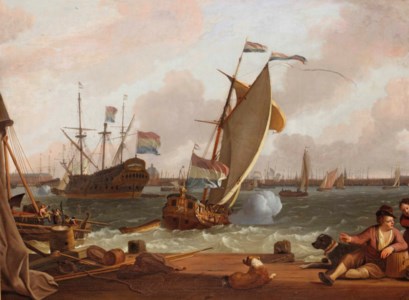 A view of the IJ with the East Indiaman 'Kattendyck', a States Yacht and various other ships, the harbour of Amsterdam beyond