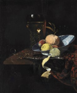A Roemer, a glass flute, an orange, two peaches and a lemon in a blue and white wanli kraak charger with a knife and a partially peeled lemon on a silver platter, all on a partially draped stone ledge