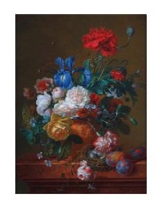 A bouquet of roses, poppies, forget-me-nots, irises and carnations in an earthenwear vase with prunes and a bird's nest on a ledge