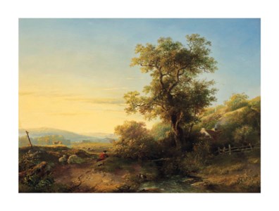 A sheperd near a stream in a sunlit landscape
