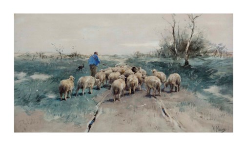 A shepherd with his flock on the heath