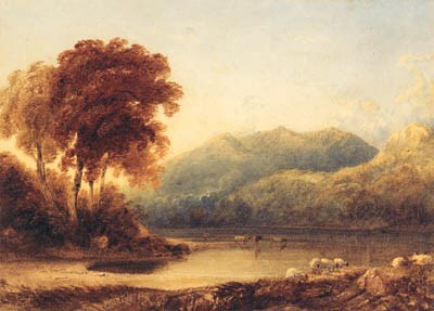 A Herder with Cattle at the Edge of a Lake in a mountainous Landscape
