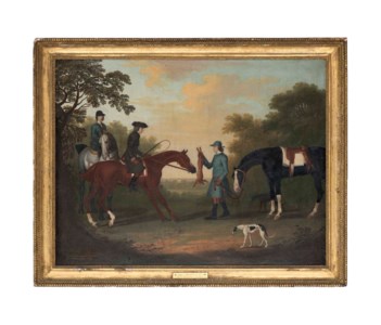 A gentleman and lady on their hunters, with a groom holding a hare, with two greyhounds and a hunter, in a wooded landscape
