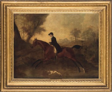 A huntsman on a bay hunter, with a hound, in an extensive landscape