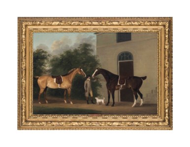 A gentleman with two hunters and a terrier, outside a house