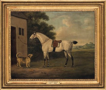 A favourite dappled grey hunter, and hound, in a landscape