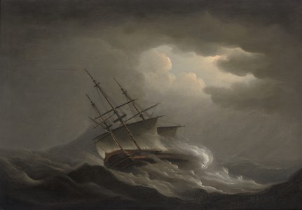 A frigate heeling in an offshore gale