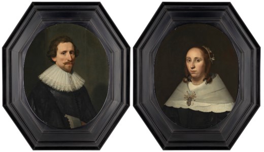 Portrait of a gentleman, half-length, in a black doublet, with white ruff and cuffs; portrait of a lady, half-length, in a black dress with flat white collar and jewelled brooch