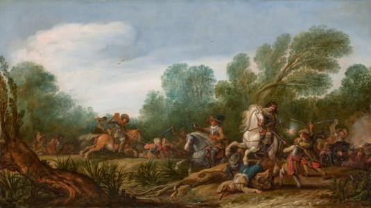 A military skirmish in a wooded landscape