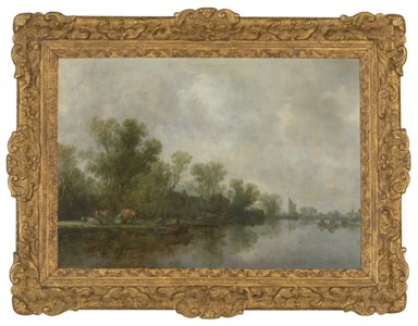 A wooded river landscape with peasants