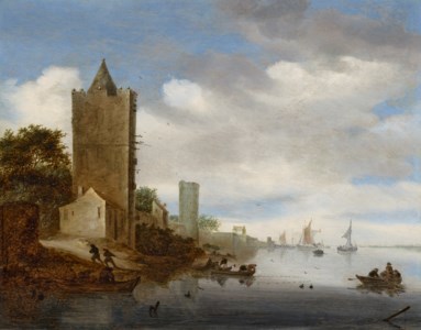 A river landscape with fishermen, with a view of the Plompetoren, Utrecht