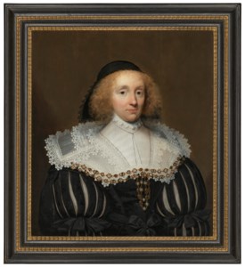 Portrait of a lady, half-length, in a black dress with slashed sleeves and white lace collar, with a black hat