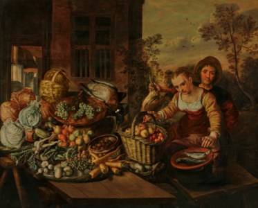 A poultry dealer and a young woman with an array of fruit, vegetables, fish and game on a table before a house