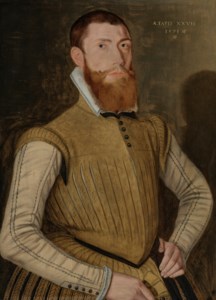 Portrait of young man, aged 27, half-length, in a tan slashed doublet, holding gloves