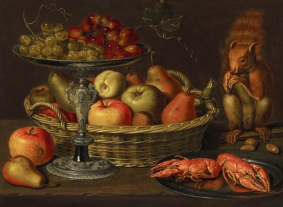 Clara Peeters, A wicker basket with apples and pears, a silver tazza with green and red grapes, a squirrel, langoustines, fruit and acorns on a stone ledge