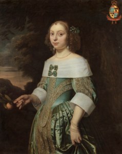 Portrait of Sophia Coymans (1636-1714), three-quarter-length, holding a twig with an orange, before a landscape