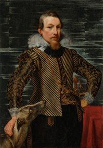 SIR PETER PAUL RUBENSAND STUDIO, Portrait of a gentleman, three-quarter length, in a striped jacket, standing by a table, with a greyhound