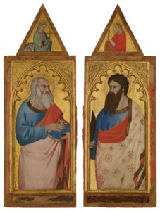 Two panels from a polyptych: Saint John the Evangelist, with Saint Margaret above; and Saint Bartholomew, with Saint Catherine of Alexandria above