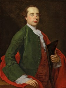 Portrait of Sir Henry Mainwaring (1726-1797), half-length, in a green coat and red waistcoat, holding a tricorne in his left hand