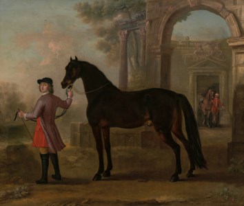 The Earl of Cork and Orrery's horse, Nobby, held by his groom, stables adorned with the family coat-of-arms beyond