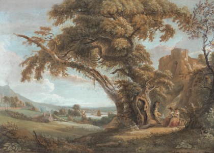 Figures by a waterfall, with a castle and a river estuary beyond
