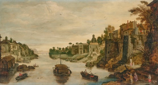 A town on a river, said to be Treviso, with barges, rowing boats and figures on a path