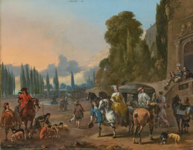 A hawking party setting out from a country house