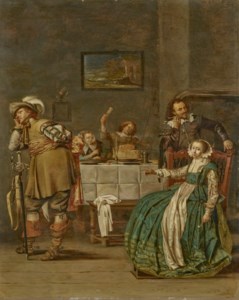 Interior with figures standing and seated near a table laden with food and drink