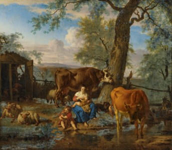 A woman feeding her child, with a boy and dog playing, surrounded by cows and sheep in a landscape