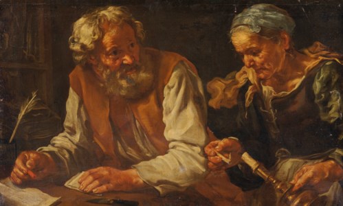 An elderly couple placing a wax seal on a letter
