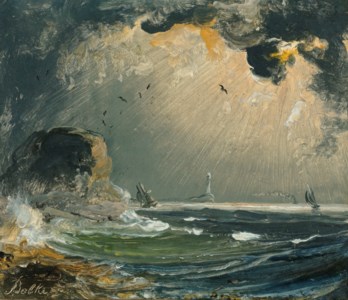 Ships at sea with a lighthouse on the horizon