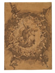 The Risen Christ encircled by a heavenly host of putti (recto); Drapery study (verso)