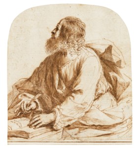 An evangelist seated at a table, looking up from his writing