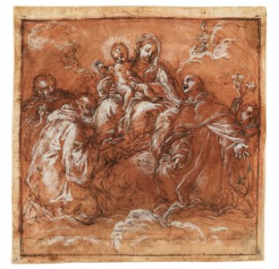 The Virgin and Child with saints and angels ( recto ); A study of a mounted warrior and a pair of figures ( verso )