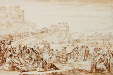 Travelers approaching a coastal town