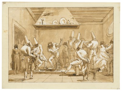 A group of Punchinellos watching the making of glass