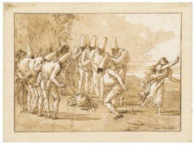 Giovanni Domenico Tiepolo, A group of Punchinellos examining a spider crab
