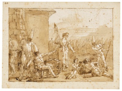 Punchinello and his family in a farmyard, spinning flax