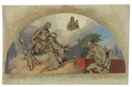 An officer experiencing a vision of the Madonna and Child appearing to Saint Anthony Abbot and another monk, inscribed in a lunette