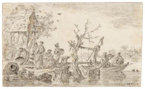 Villagers by a dovecote at a ferry station