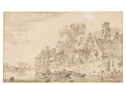 Houses on the shore with an empty boat and a boat with fishermen