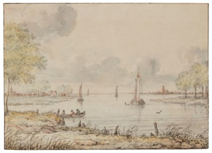 Ships on a river with a village and a town beyond