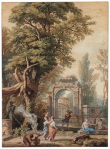 A classical landscape with ruins and an offering scene